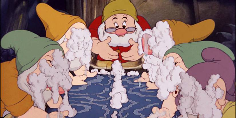 Snow White and the Seven Dwarfs with soap on their faces