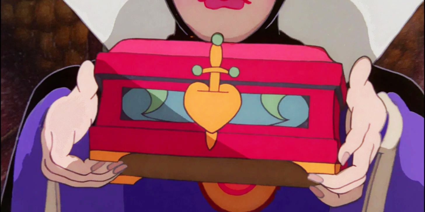 Snow White and the Seven Dwarfs the Evil Queen handing the box