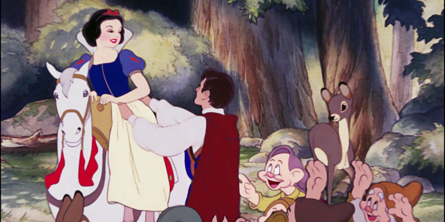 Snow White and the Seven Dwarfs the prince and snow white while the dwarfs dance