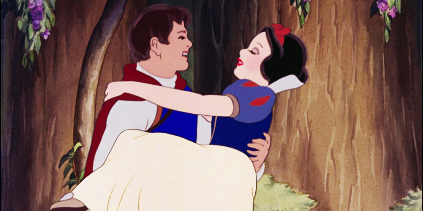 Snow White and the Seven Dwarfs the Prince carrying an alive Snow White in his arms