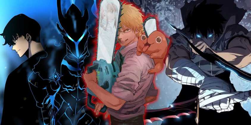 Solo Leveling's Jinwoo and shadow soldiers behind Denji and Pochita from Chainsaw Man