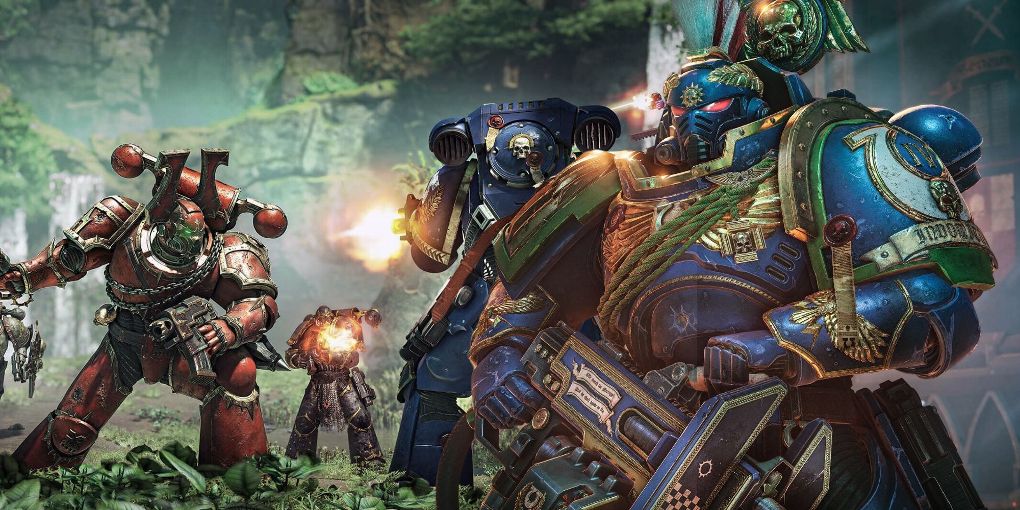 space-marine-from-space-marine-2-over-an-image-of-pvp-from-the-game Space Marine 3 confirmou, promissora nova campanha e modos multiplayer