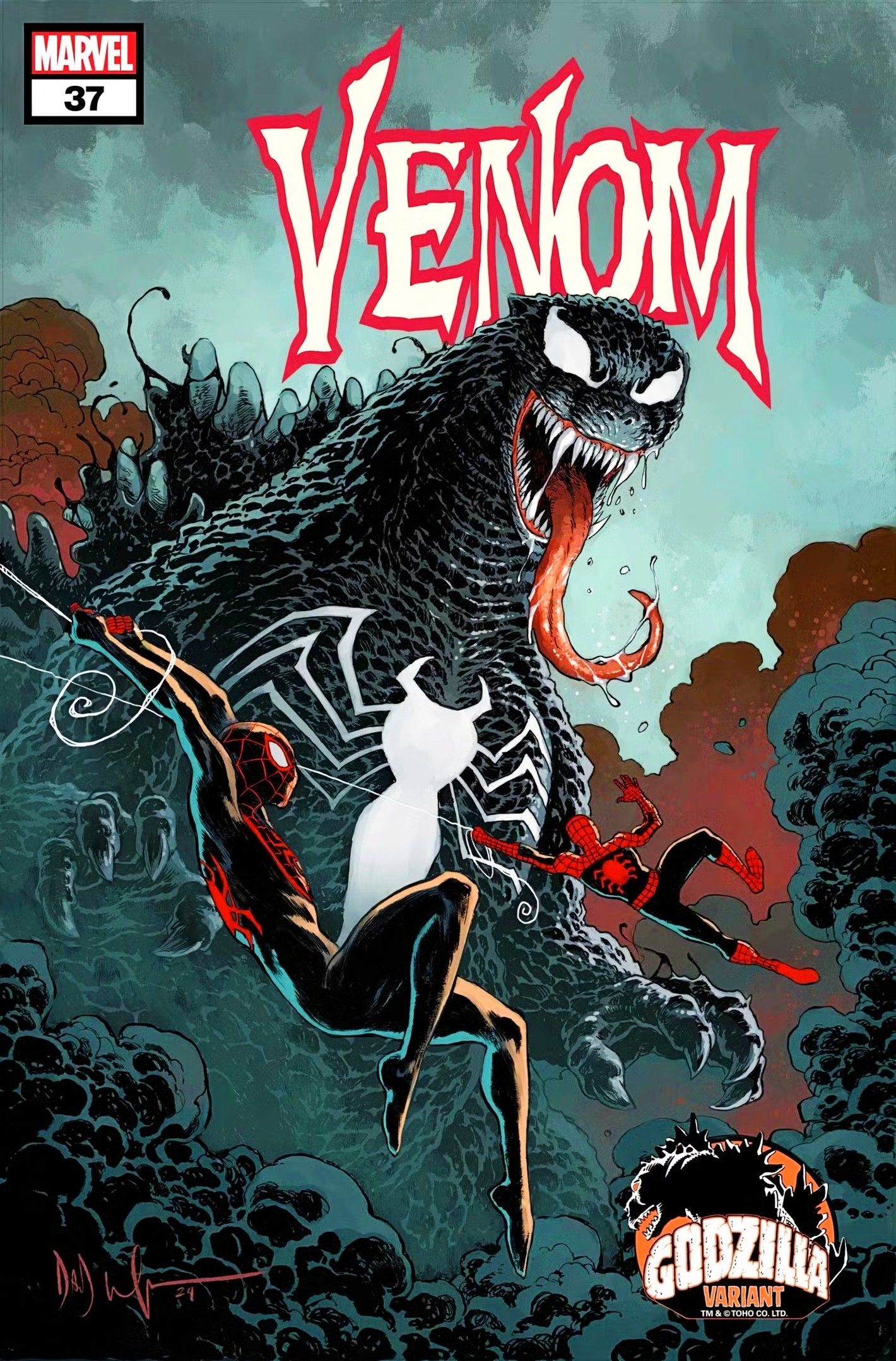 Spider-Man #37 Godzilla variant cover, both versions of Spider-Man swinging toward the massive monster