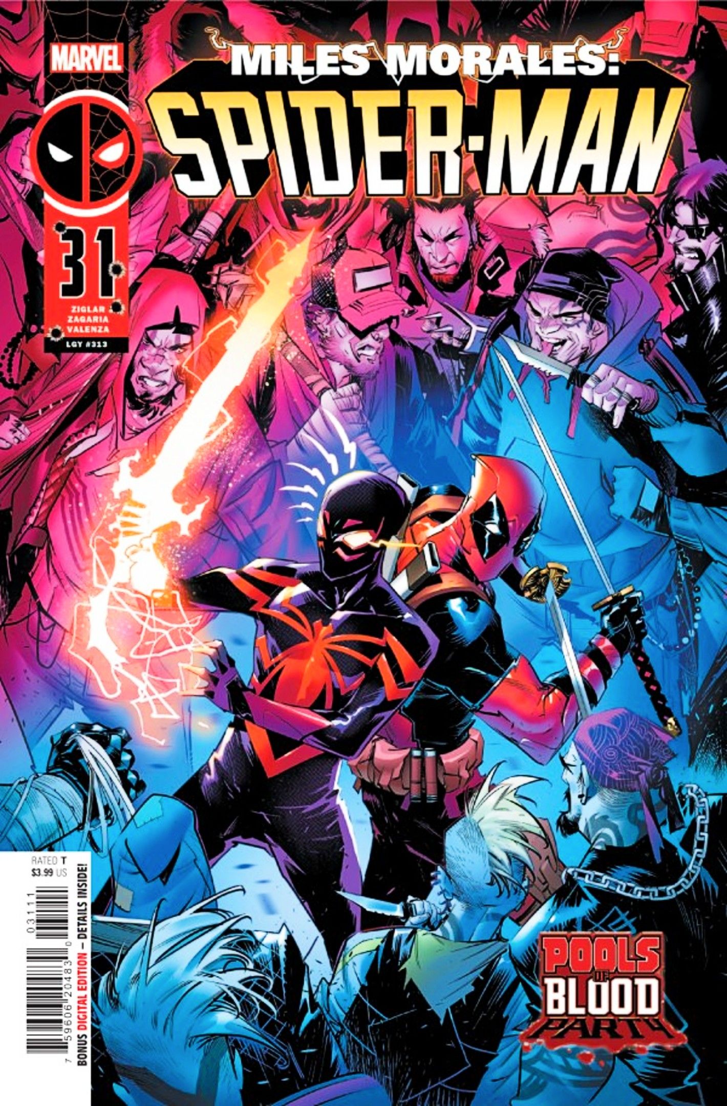 Spider-Man Miles Morales #31 cover, Miles and Deadpool fighting back to back, surrounded by enemies