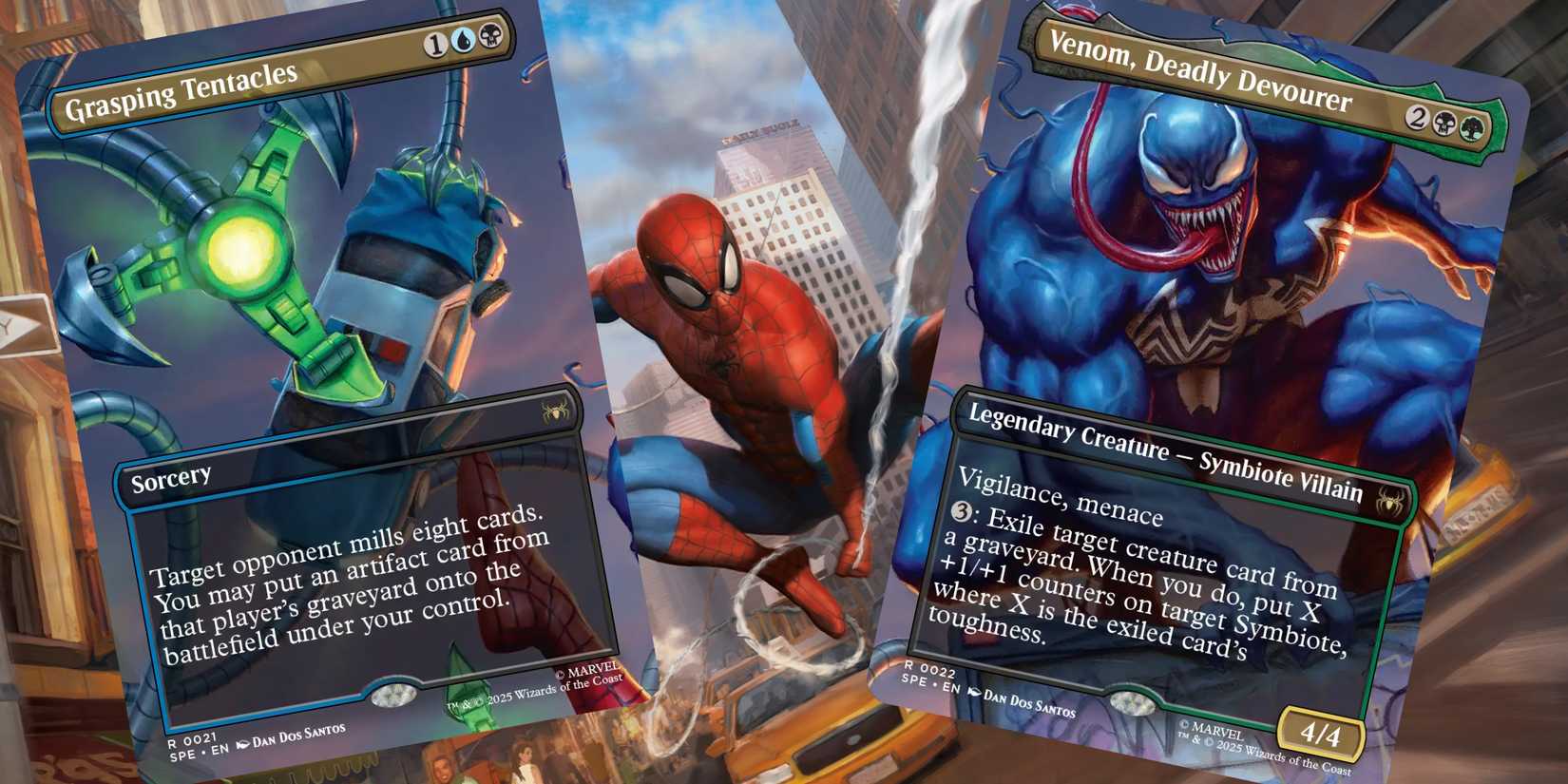 Spider-Man, Grasping Tentacles and Venom in the MTG set
