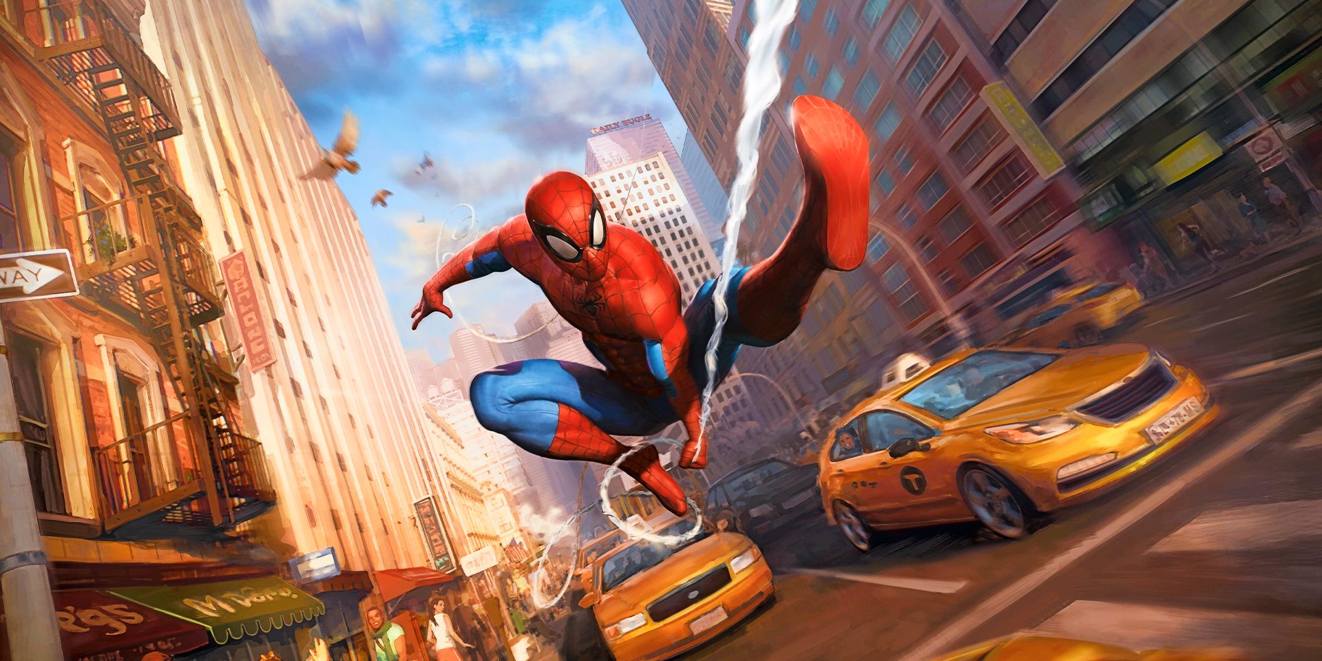 Spider-Man swinging through a city street in Magic The Gathering art by Javier Charro.