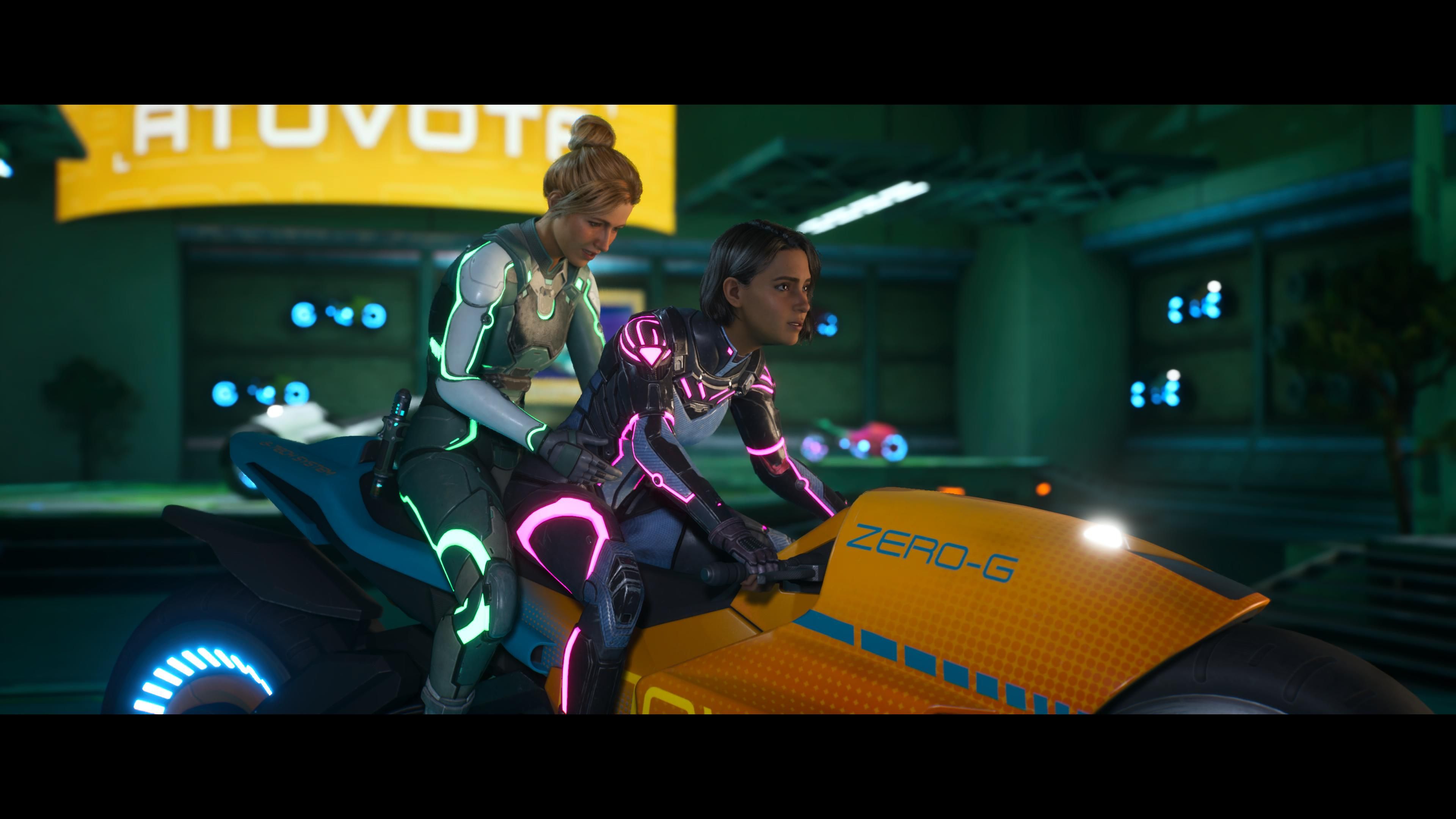 Mio and Zoe on the back of a sci-fi motocycle in Split Fiction