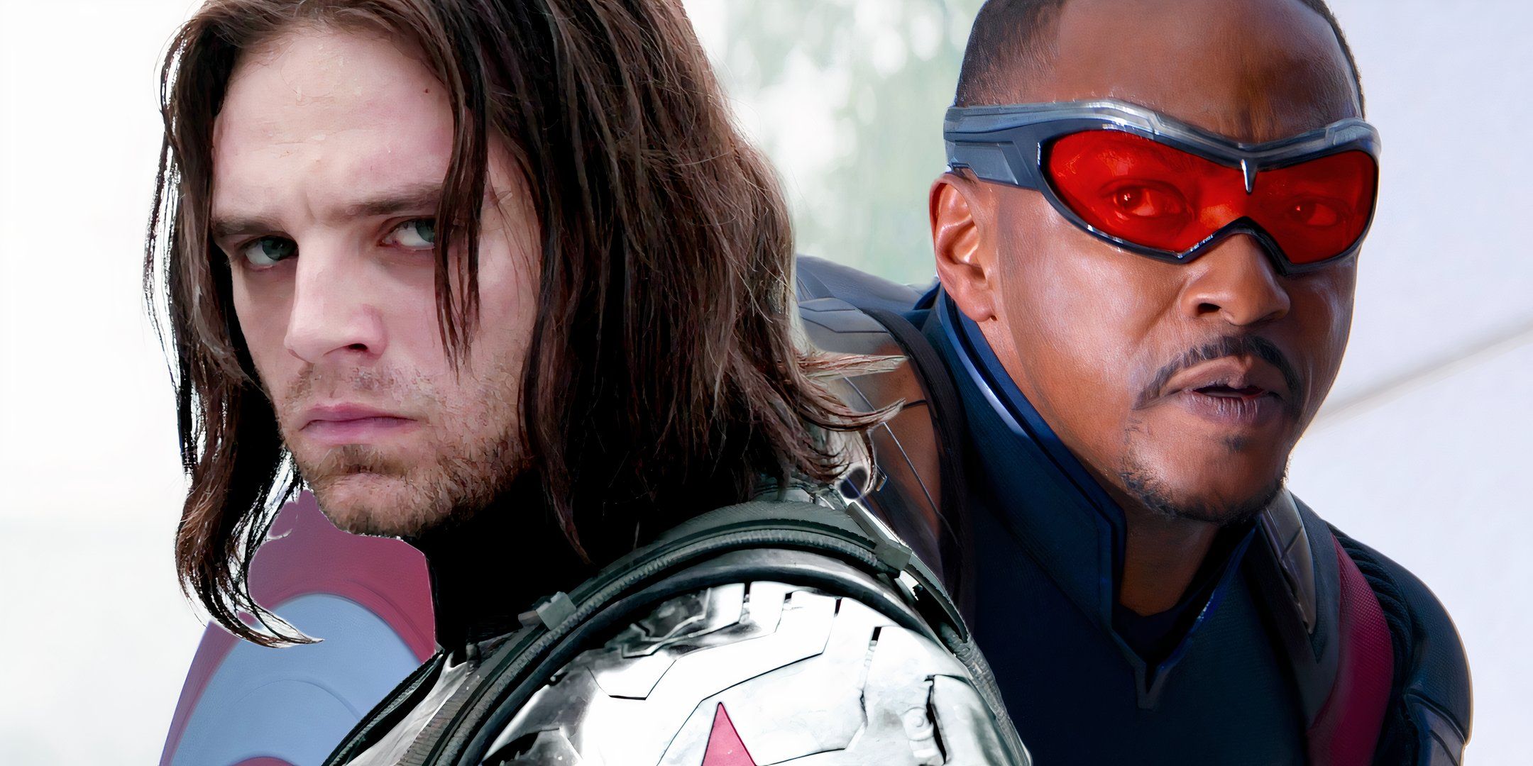 Split image of Bucky Barnes looking angry and Sam Wilson looking concerned in the MCU