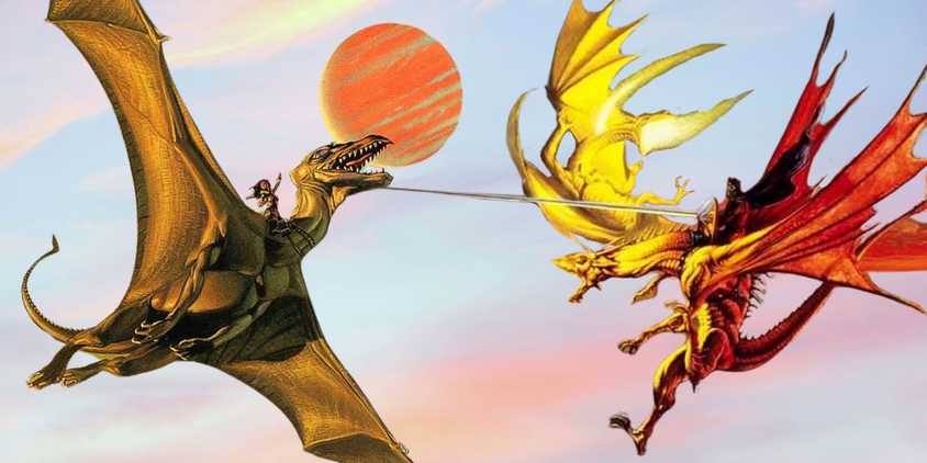 A collage of dragons from the covers of Dragonflight and Legend of Huma