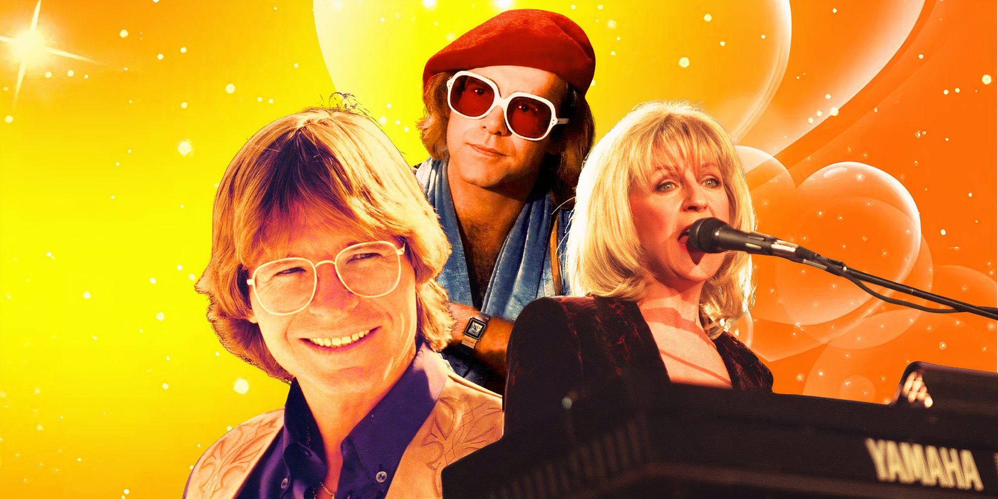 John Denver, Elton John, and Christine McVie in front of an orange and yellow bright background.