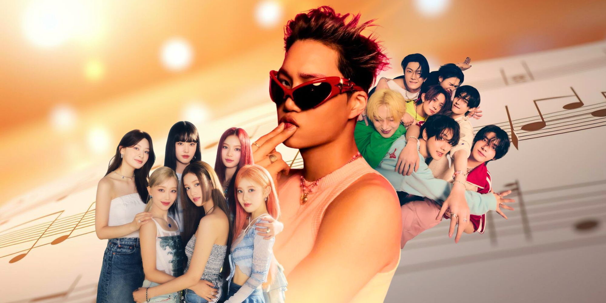K-Pop artists STAYC, KAI, and ENHYPEN in front of an image of sheet music.
