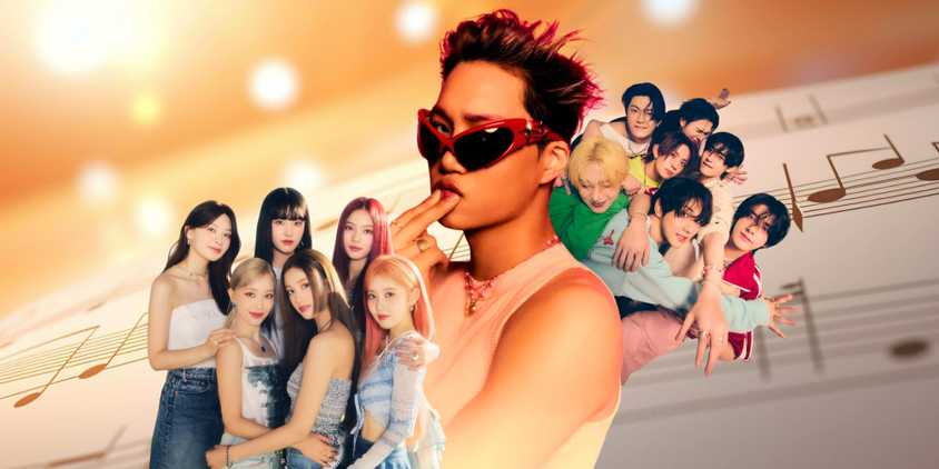 K-Pop artists STAYC, KAI, and ENHYPEN in front of an image of sheet music.
