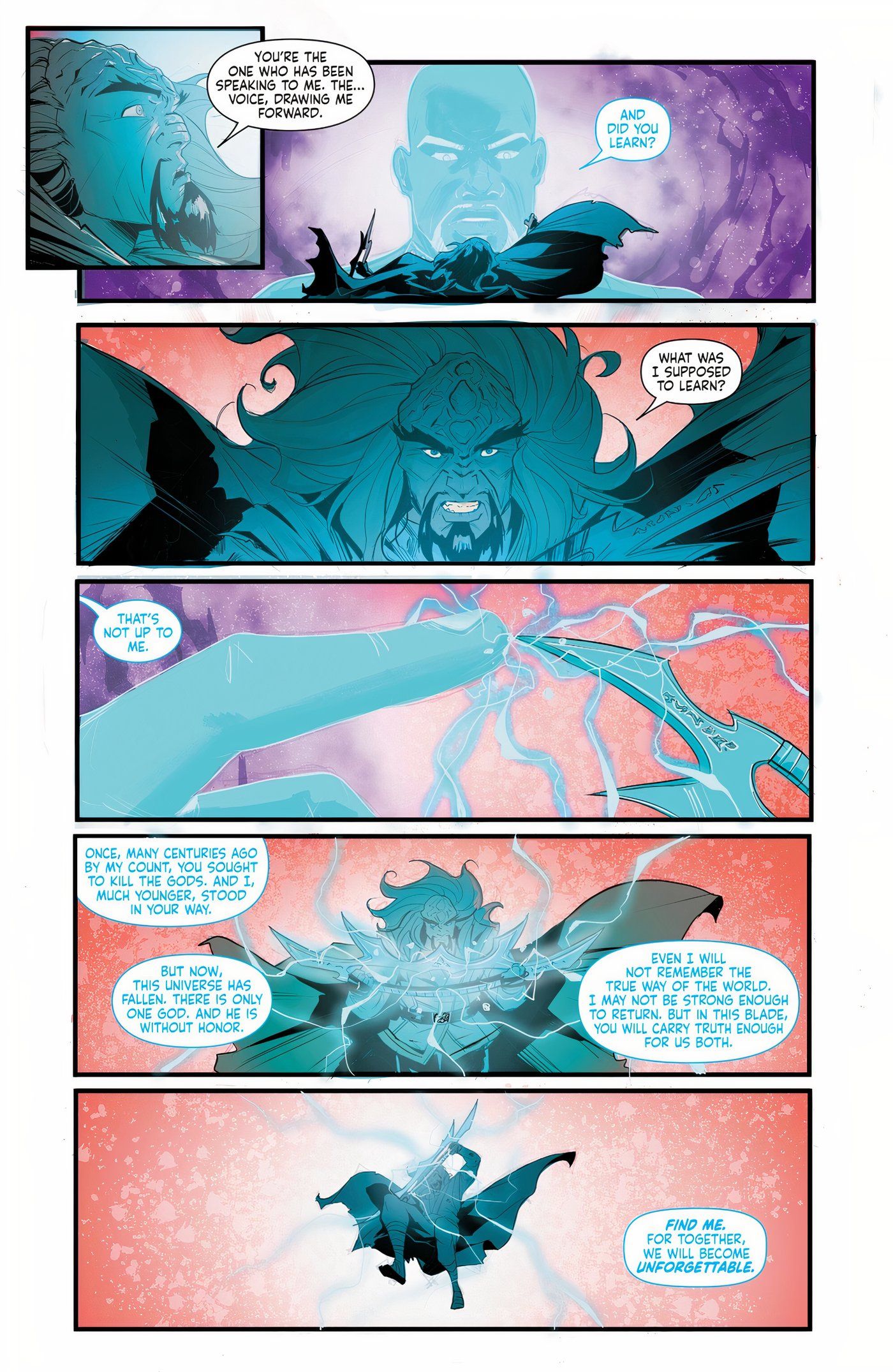 Five panels of the Sisko charging up Kahless' bat'leth