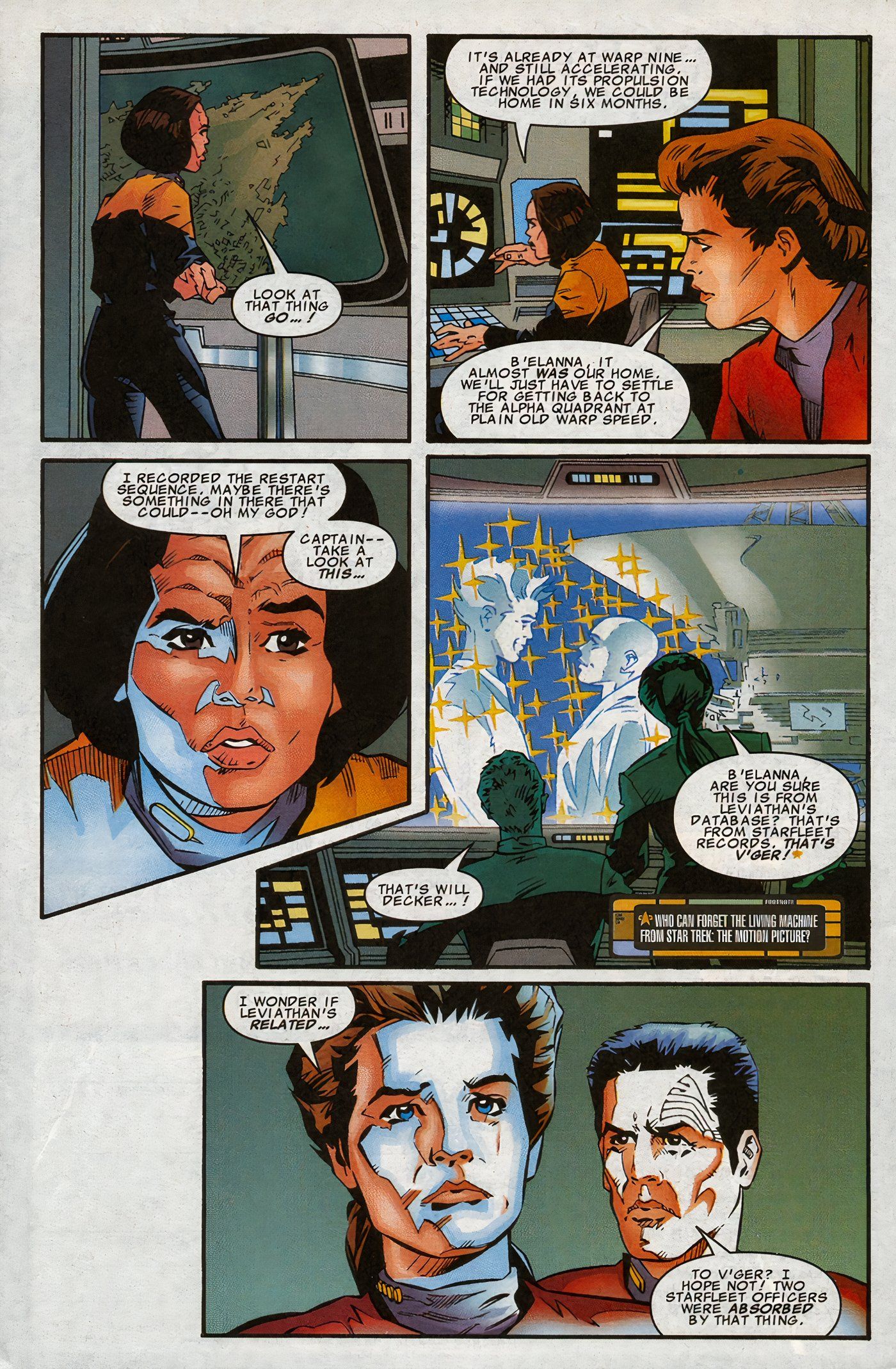 Five panels of the Voyager crew talking about Leviathan&rsquo;s origins