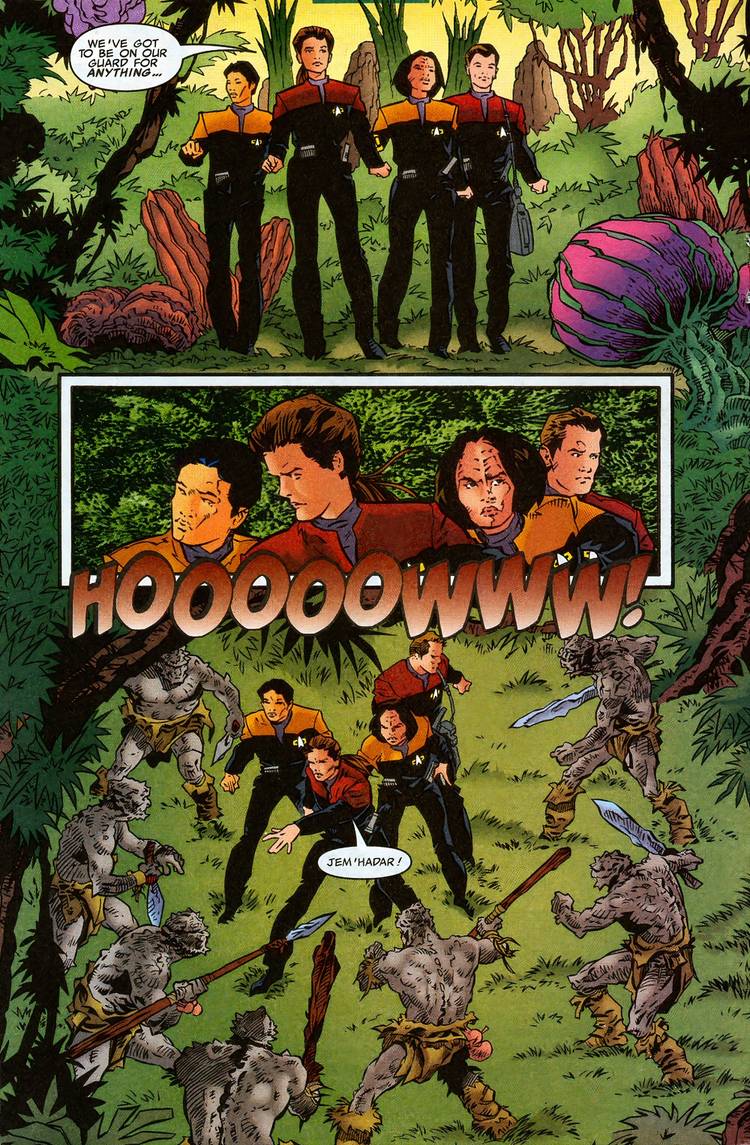 Three panels of a Voyager Away Team surrounded by Jem'Hadar carrying spears