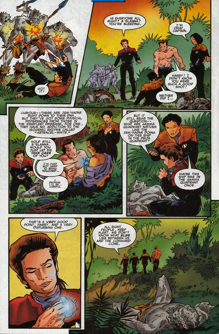 Six panels of Voyager's Away Team talking