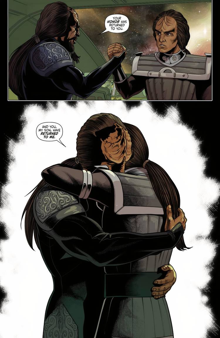 Two panels of Worf and Alexander reconciling