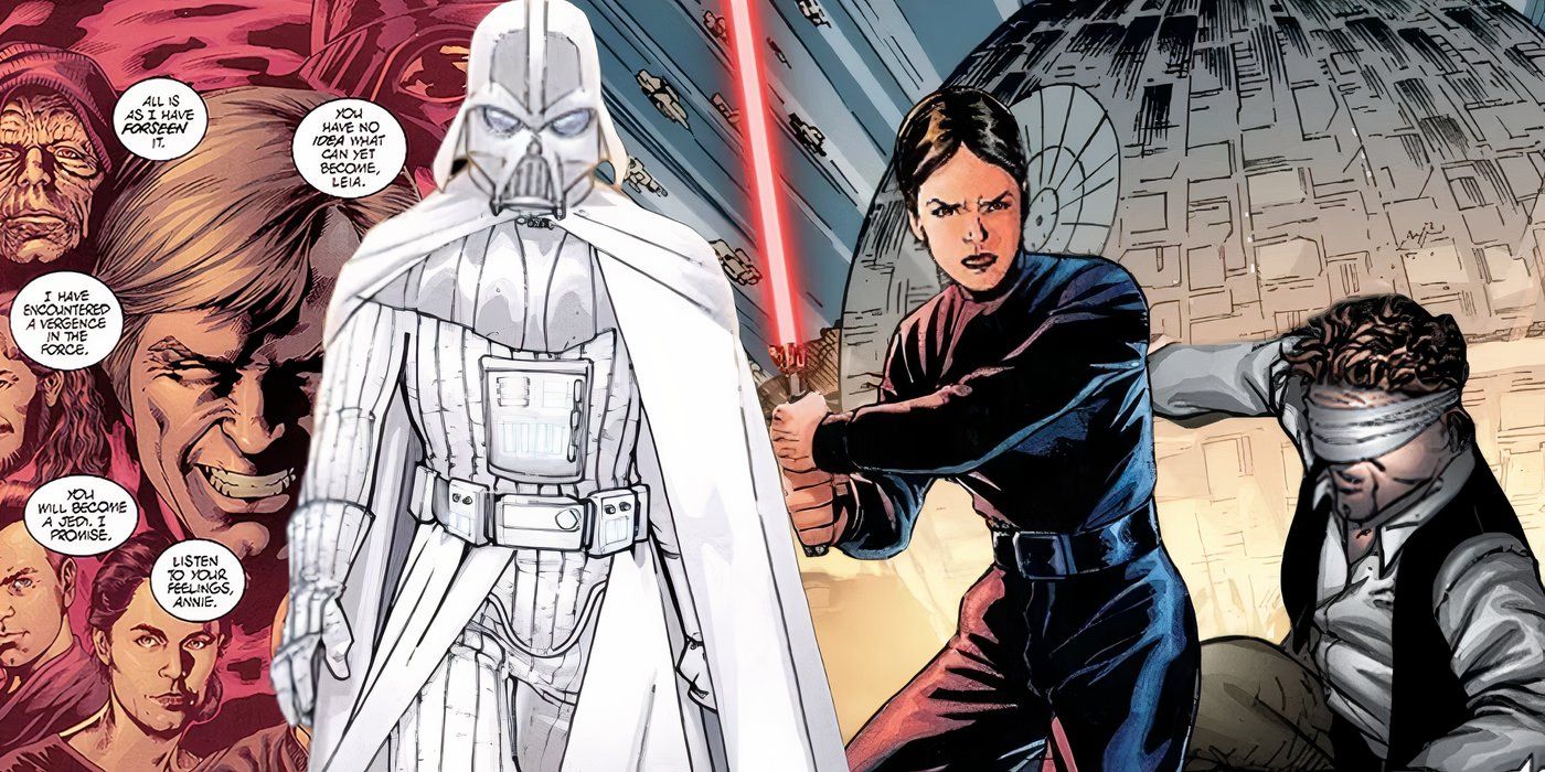Collage of panels from Star Wars: Infinities featuring a Jedi Darth Vader, a Sith Leia Organa, and a blind Han Solo.