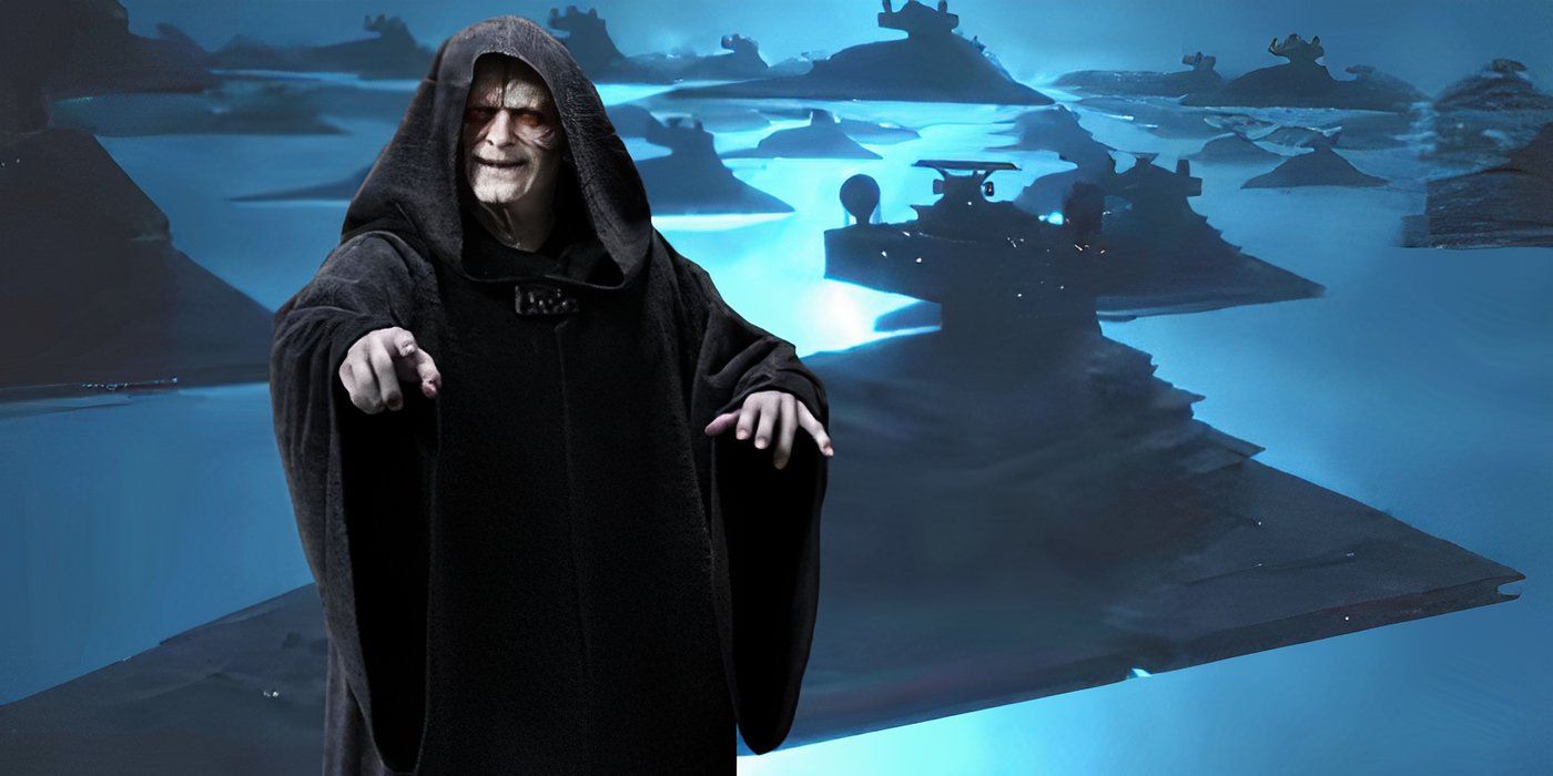 Star Wars' Emperor Palpatine with his planet-destroying Star Destroyers behind him.