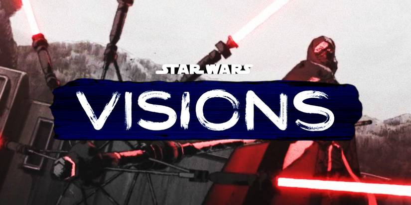 An image of a Sith wielding a red umbrella lightsaber behind the logo for Star Wars: Visions volume 3