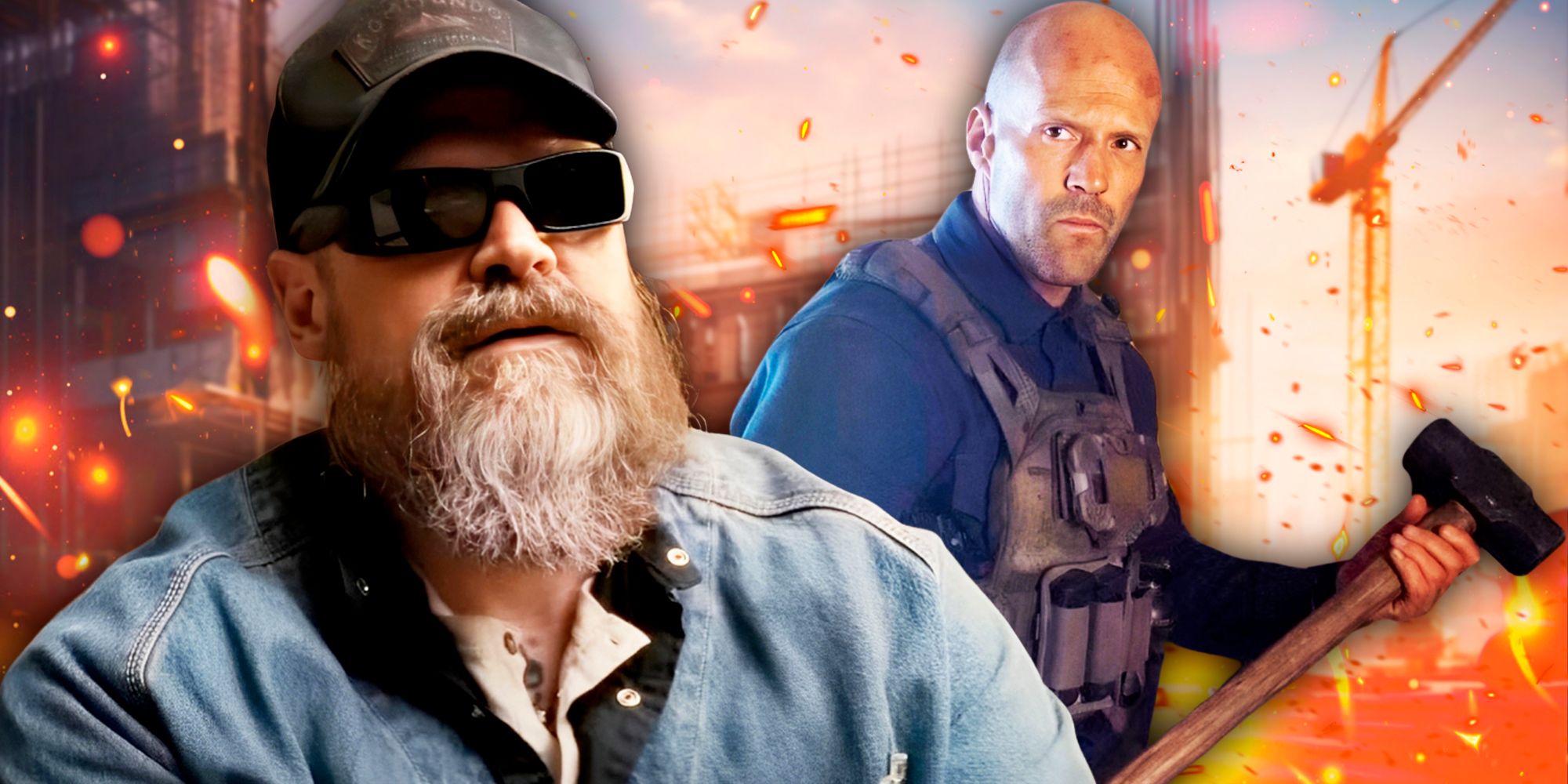Statham&rsquo;s Levon with a sledgehammer with David Harbour as Gunny