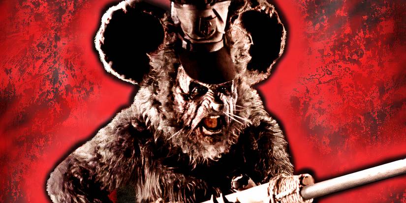 Steamboat Willie from Screamboat is in front of a blood red backdrop with a black drop shadow