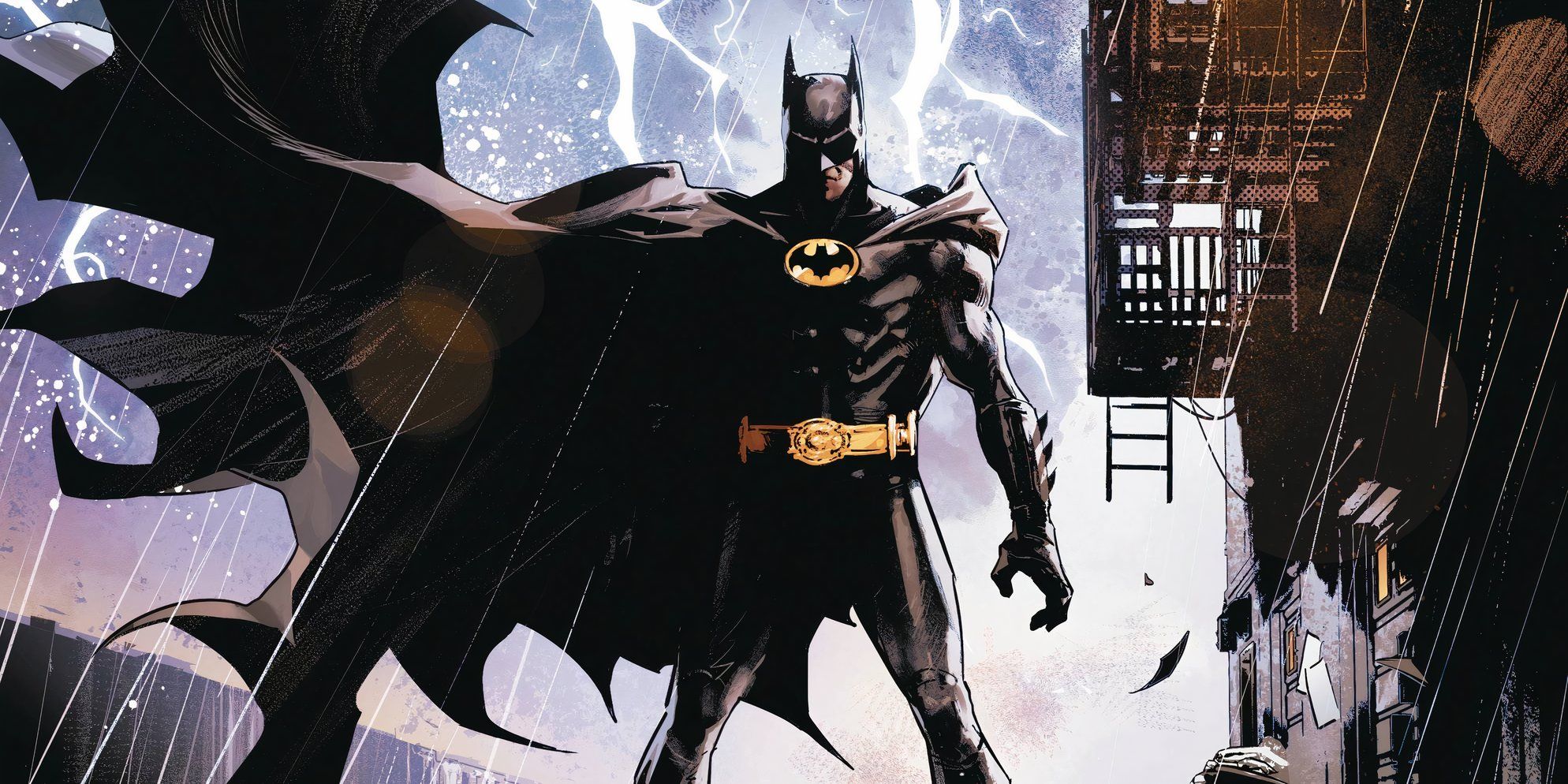 Michael Keaton&rsquo;s Batman standing in the rain, with lightning behind him