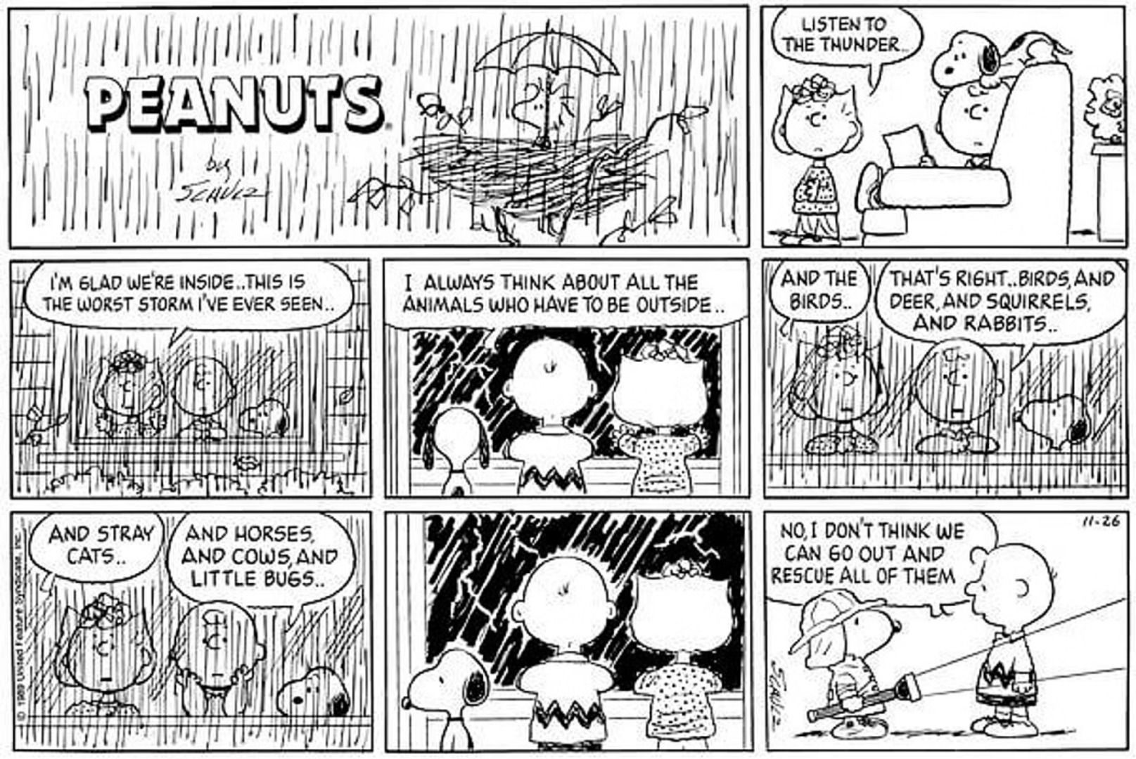 Charlie Brown, Sally e Snoopy assistindo a chuva de dentro da casa.