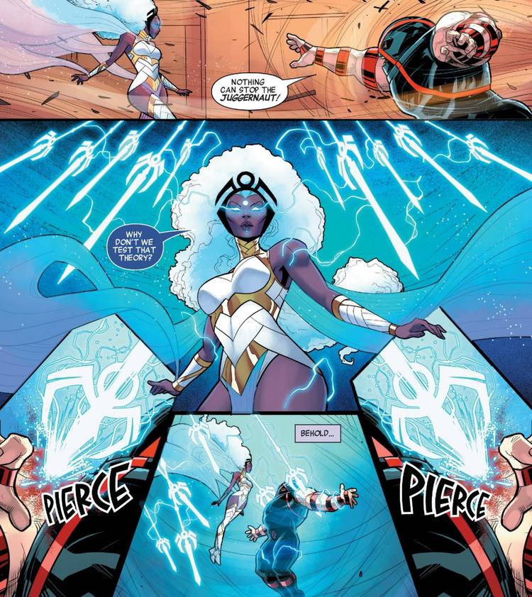Storm #6 The Eternal Storm stops Juggernaut by summoning powerful weapons to slow him down