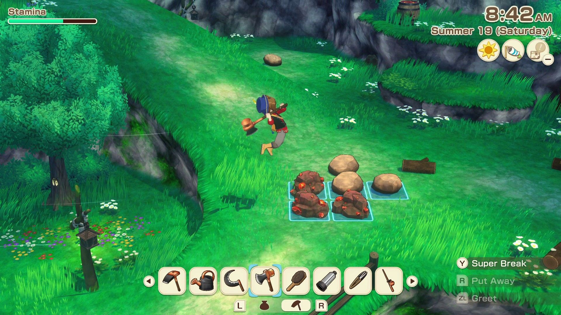 Story Of Seasons Grand Bazaar player jumping with a hammer to harvest ore.
