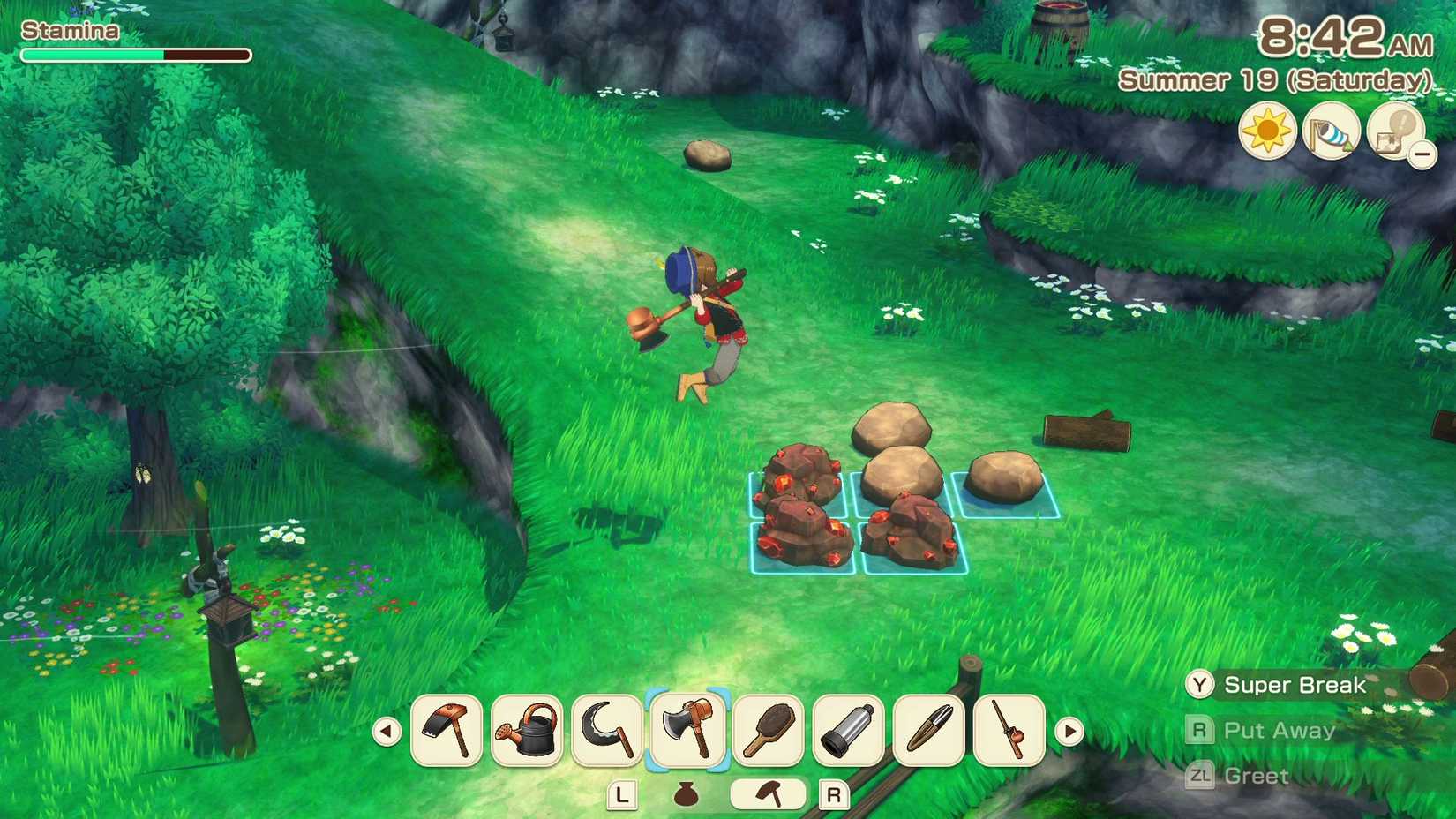 Story of Seasons Grand Bazaar Joueur sautant avec un marteau pour récolter le minerai.