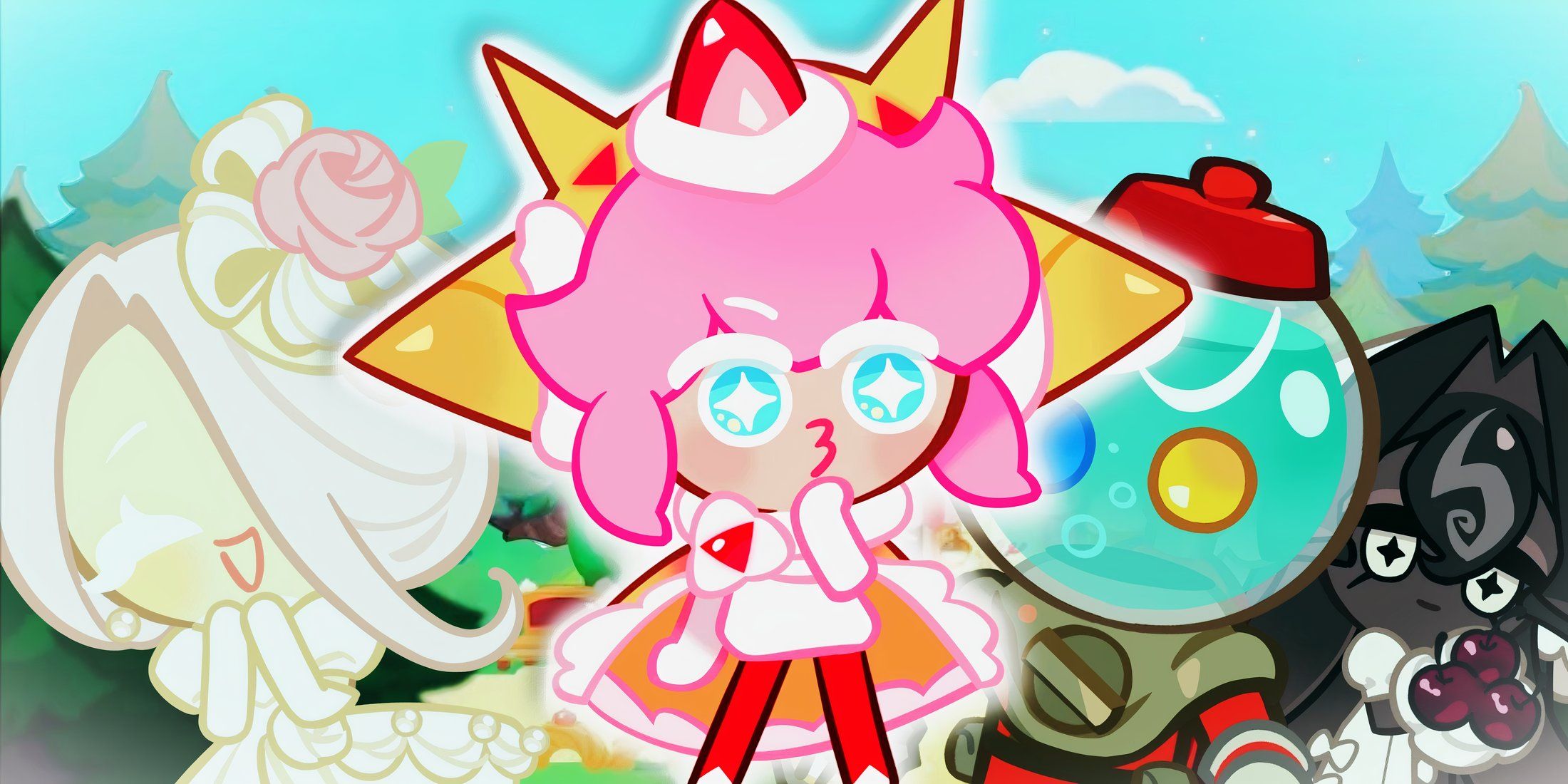 Strawberry Crepe Cookie, Wedding Cake Cookie, Black Forest Cookie, an Candy Diver Cookie Cake Shop Event Cookie Run Kingdom