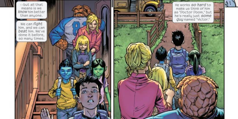 Sue Storm the Invisible Woman and The Thing see the children off for school while railing down Doctor Doom in Fantastic Four #29