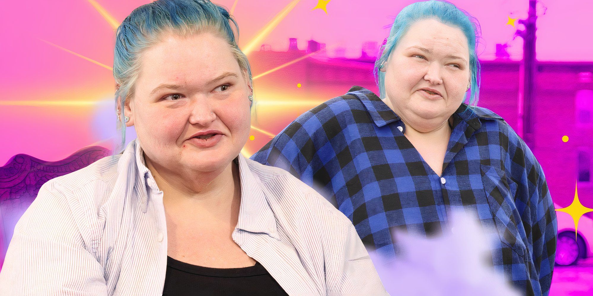 montage of 1000-Lb Sisters' Amy Slaton with blue hair