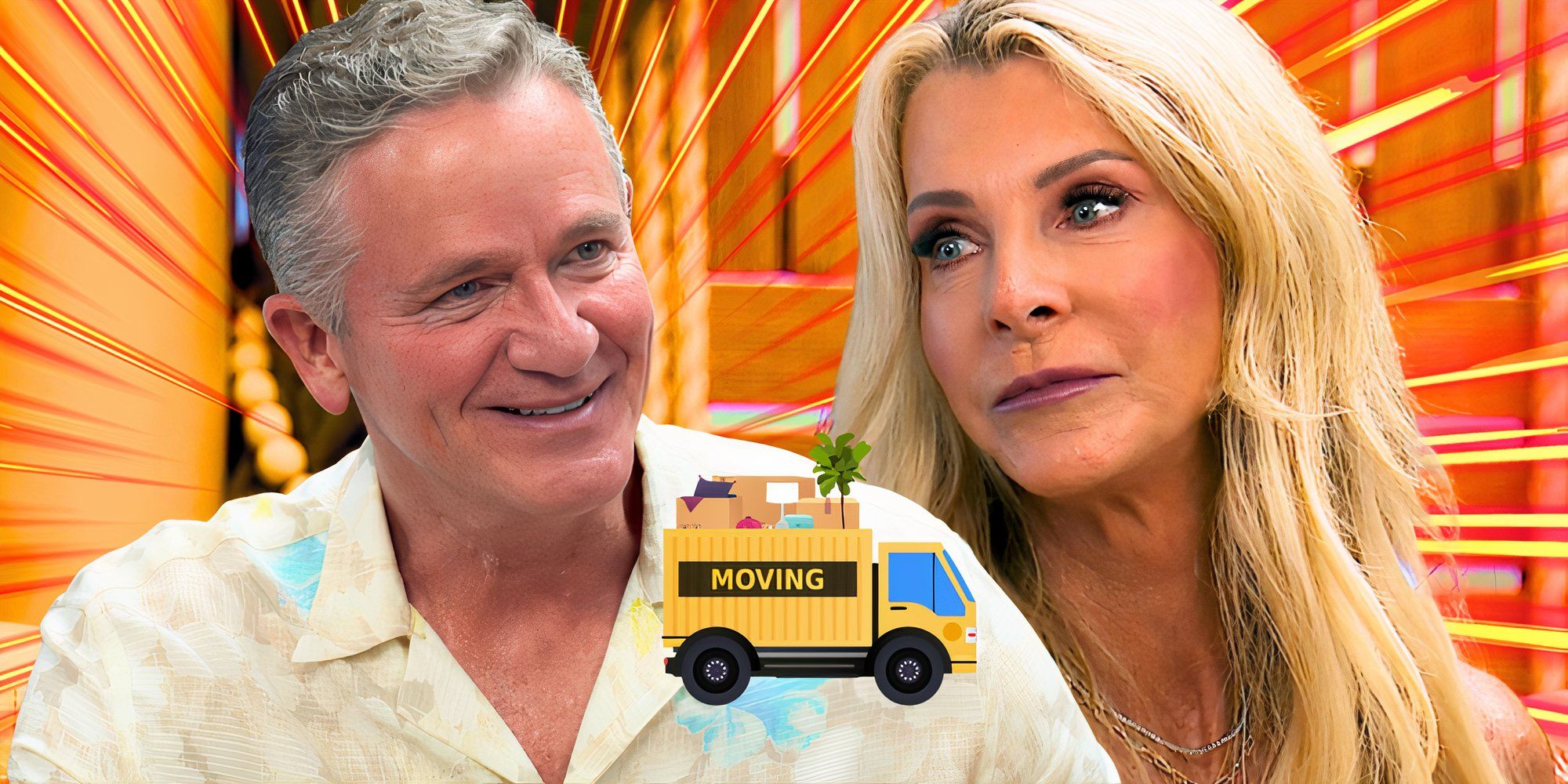 side by side image of The Golden Bachelorette's Chock Chapple and Joan Vassos with moving truck