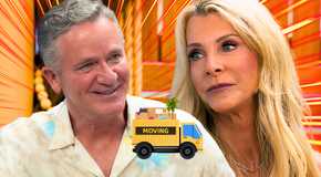 side by side image of The Golden Bachelorette's Chock Chapple and Joan Vassos with moving truck