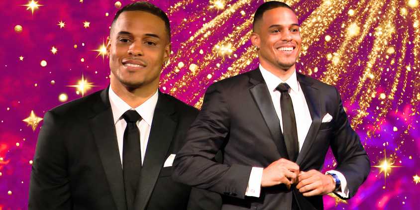 montage of The Bachelor's Grant Ellis smiling with fireworks behind hime