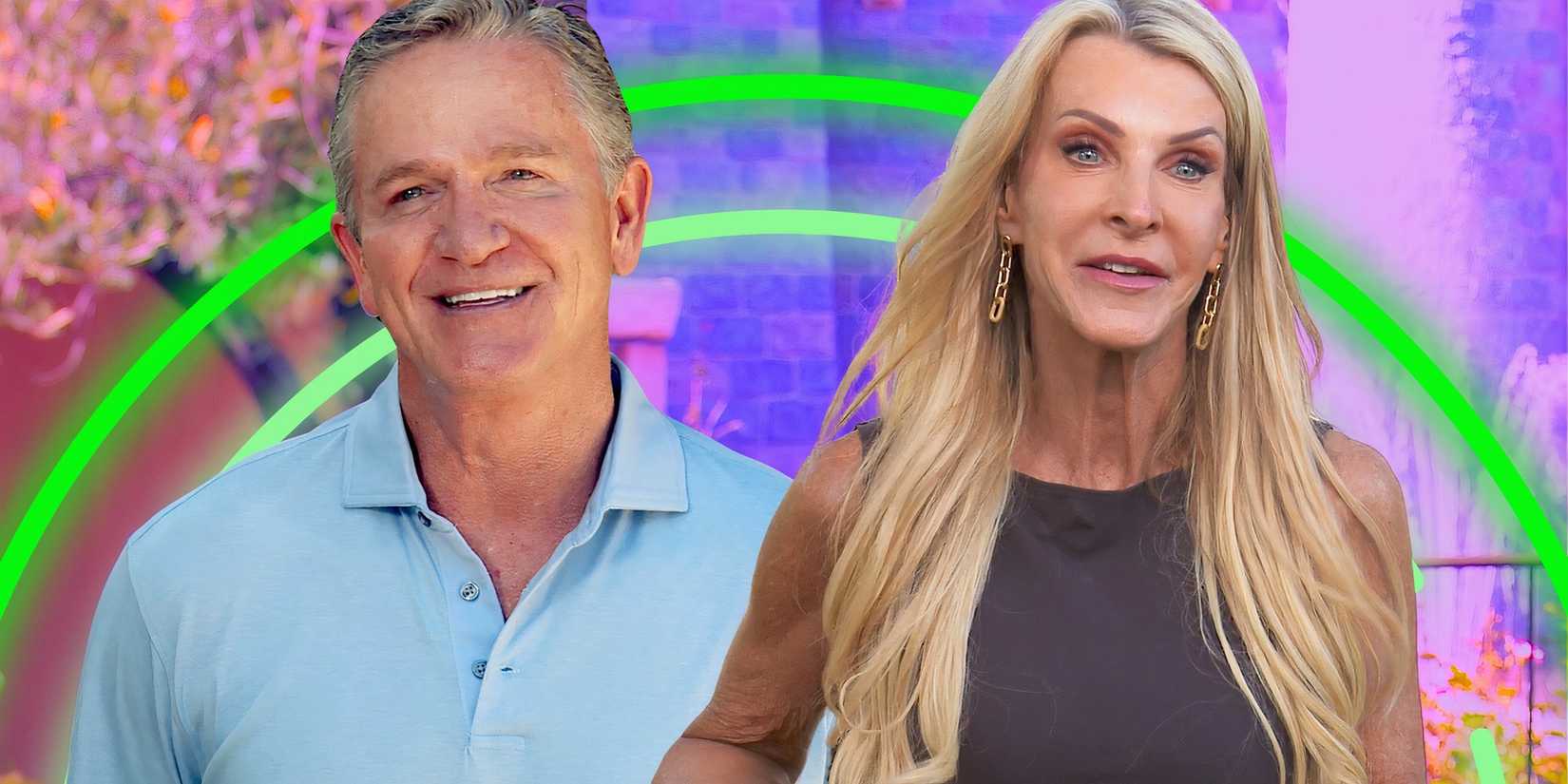 side by side image of The Golden Bachelorette's Joan Vassos & Chock Chapple looking happy with a bright background