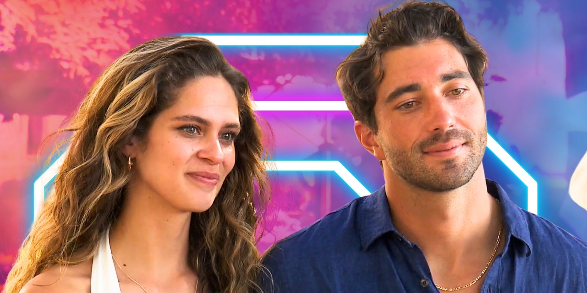The Bachelor&rsquo;s Joey Graziadei &amp; Kelsey Anderson in front of a neon blue and pink background.