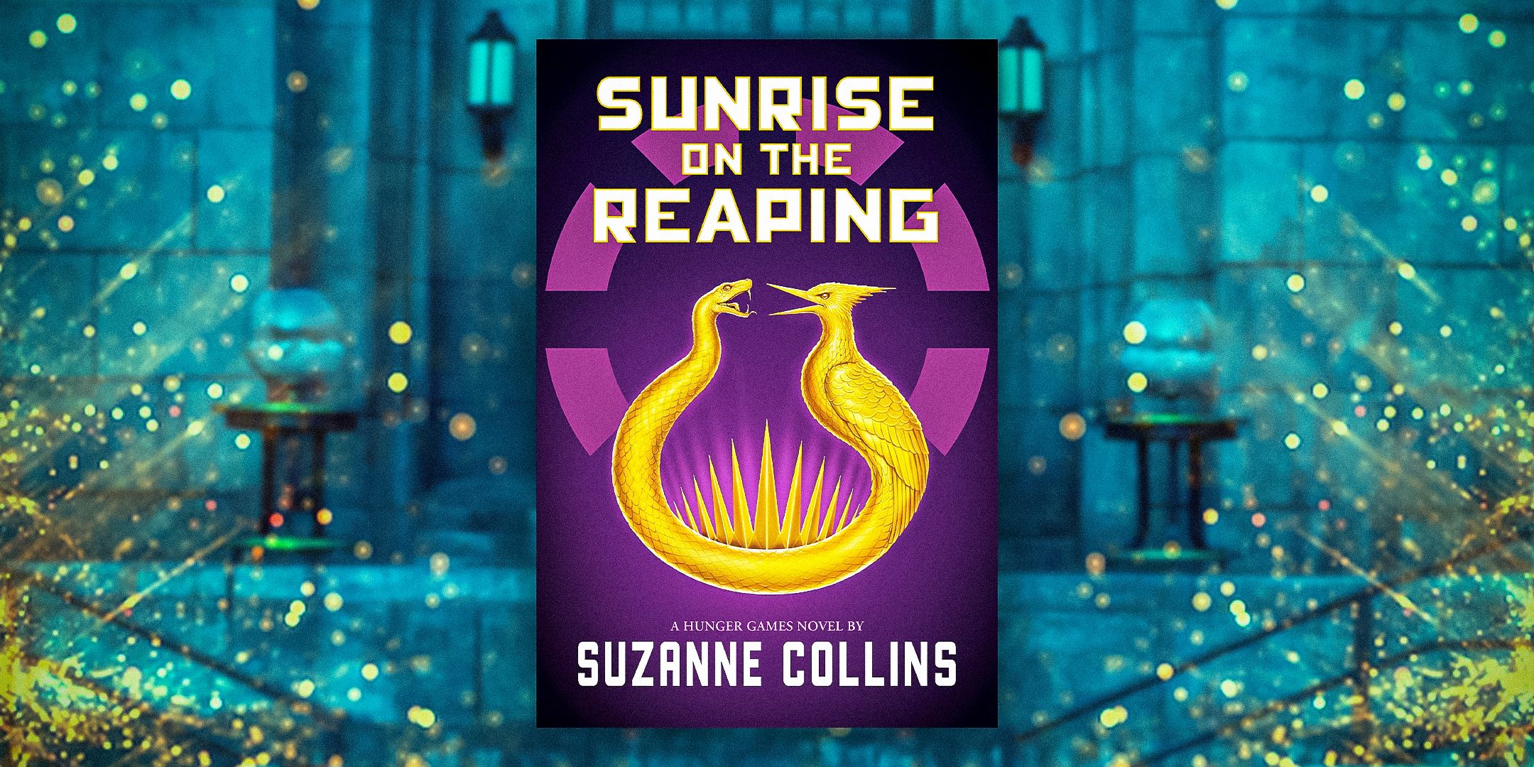 The cover of Sunrise on the Reaping against a blue tinted image of a stage from the Hunger Games movies