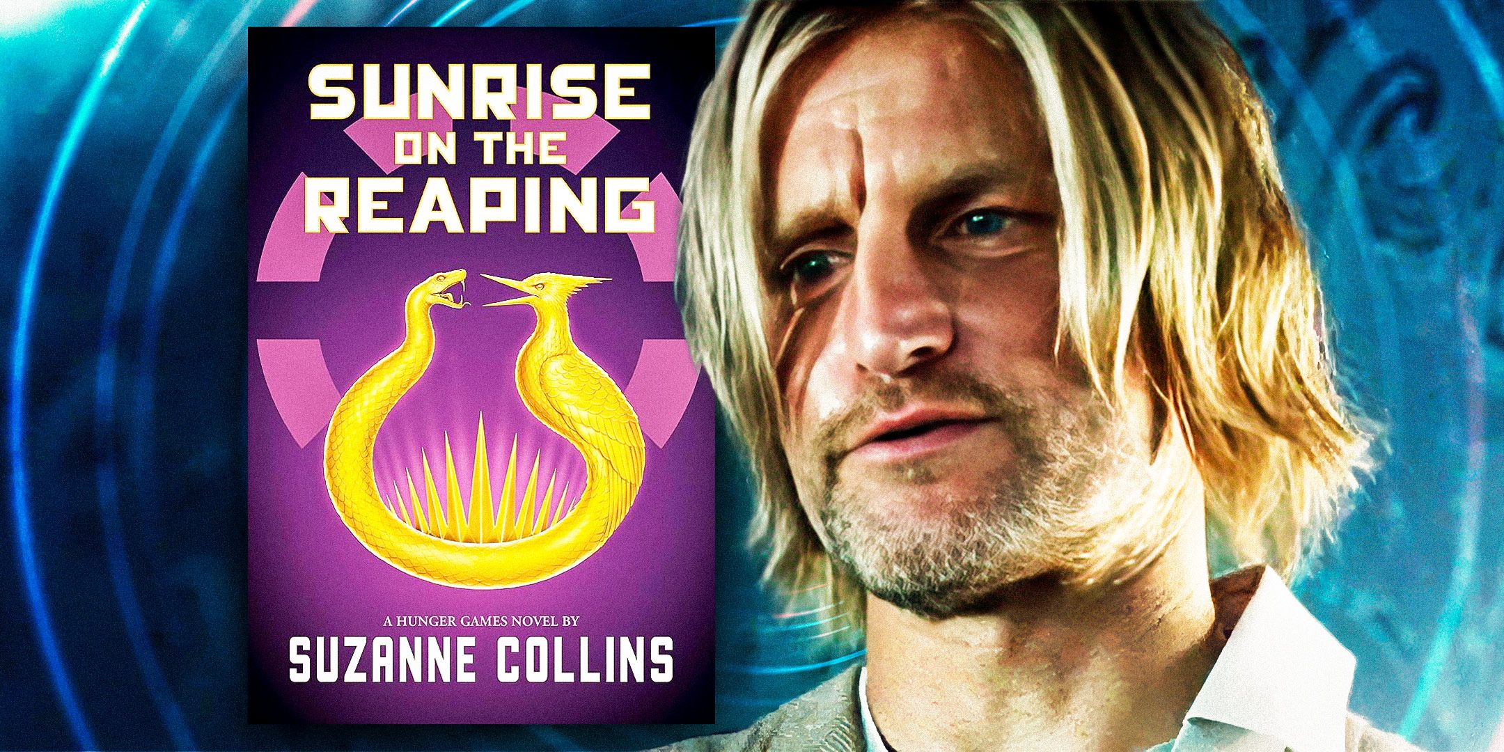 The cover of Sunrise on the Reaping by Suzanne Collins and Haymitch Abernathy from The Hunger Games movies