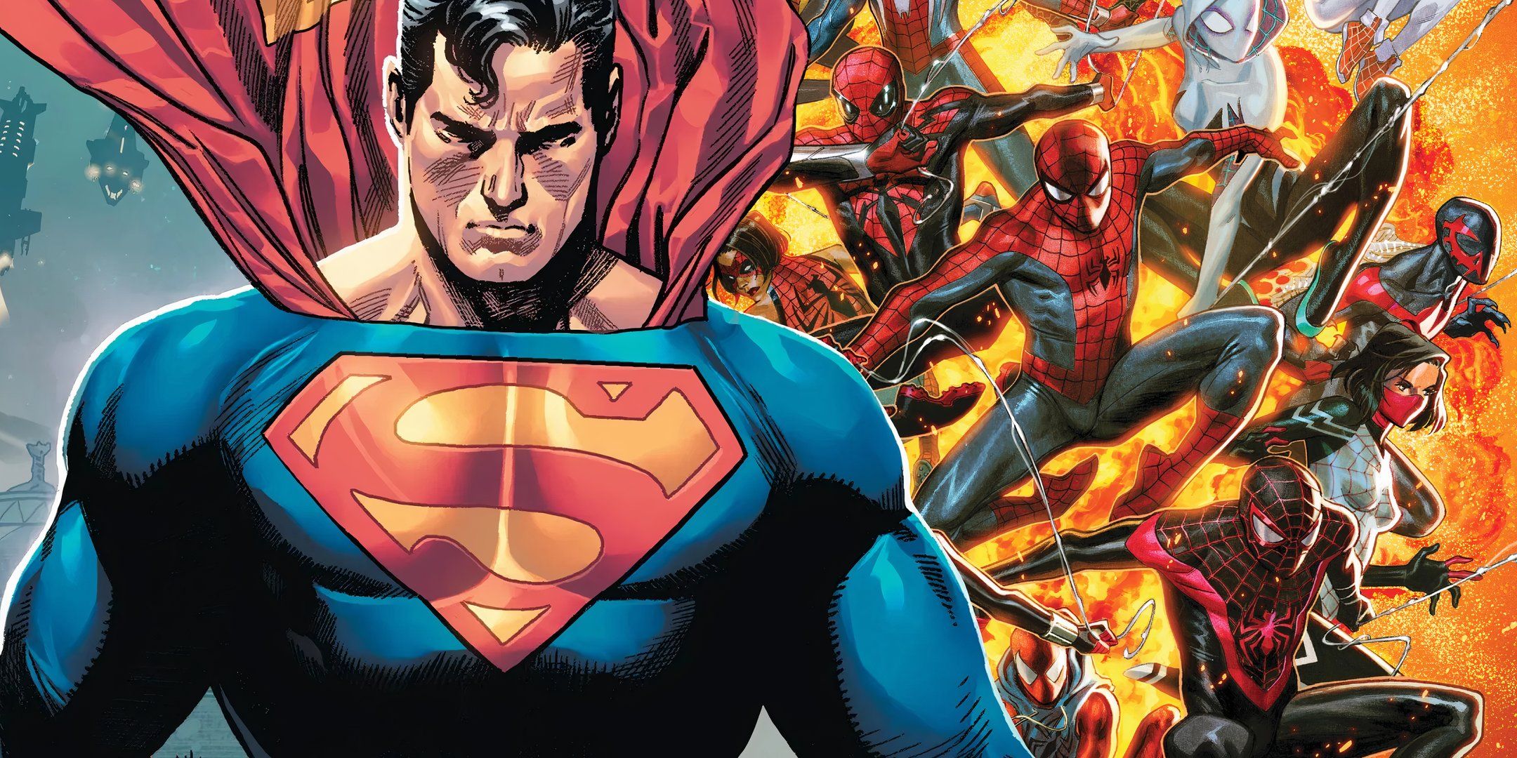 Superman Next to the Spider-Verse Heroes DC Marvel