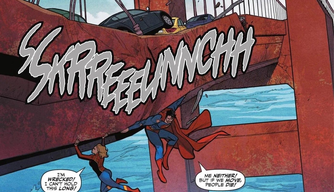 superman struggles to hold up a bridge