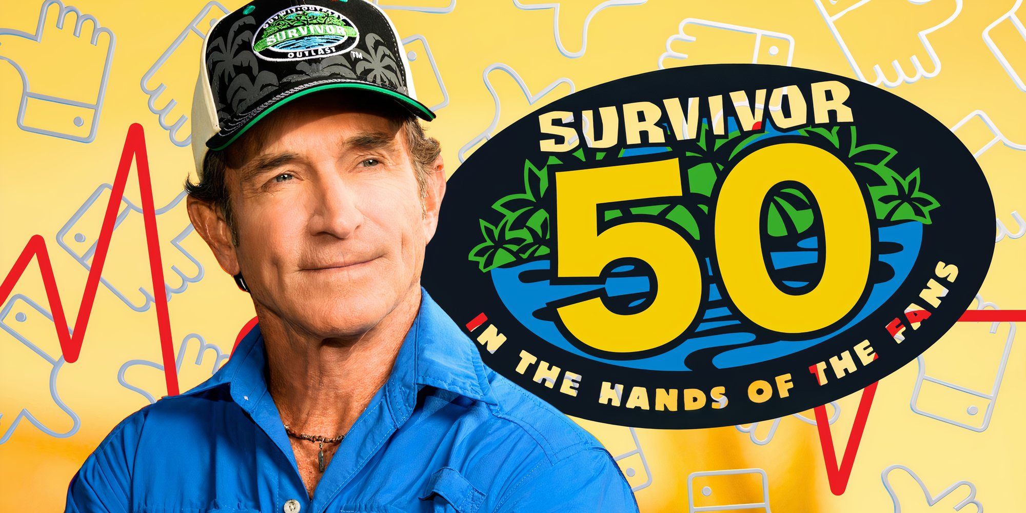 survivor host jeff probst smiling slightly in montage with survivor 50 logo and yellow background with red accents
