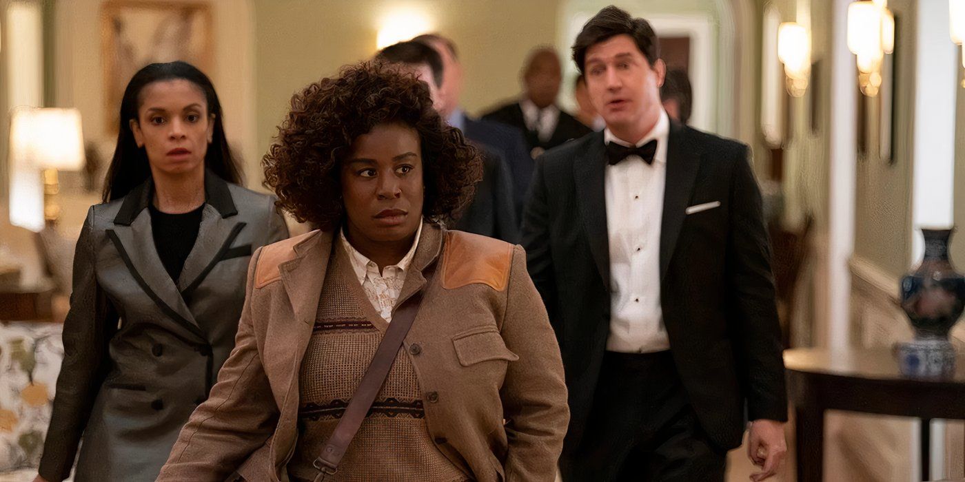 Susan Kelechi Watson as Jasmine Haney, Uzo Aduba as Cordelia Cupp, and Ken Marino as Harry Hollinger in The Residence