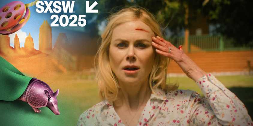 SXSW overlay with Nicole Kidman in Holland touching her forehead, which has a bloody cut