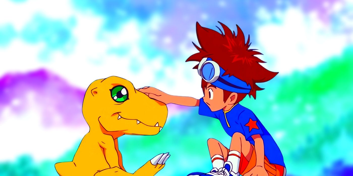 Tai petting Agumon&rsquo;s head while they sit together. Behind them, a field of the Digital World can be seen.