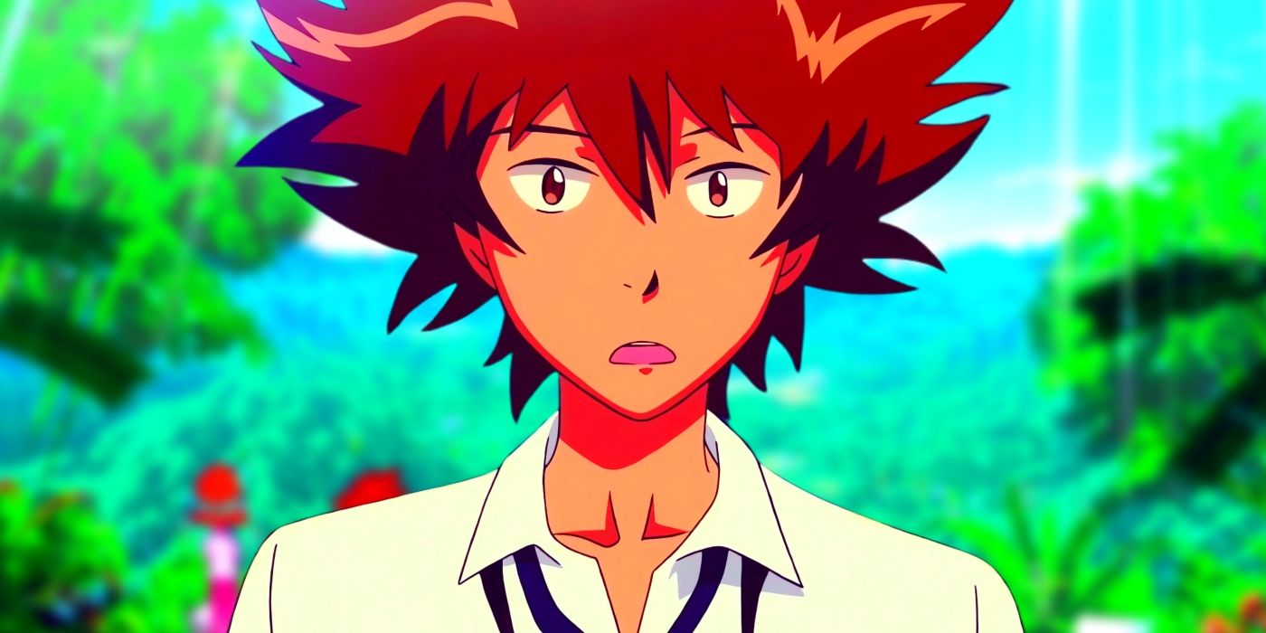 Tai, as seen in Digimon Tri, with a confused expression on his face. Behind him, the Digital World from Adventure 2020 can be seen.