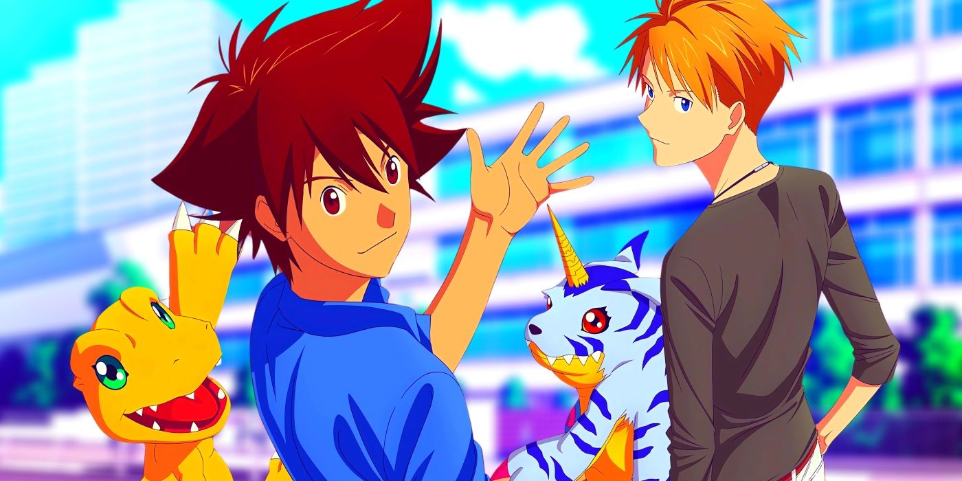 Tai, Matt, Agumon, and Gabumon looking behind their backs and waving. Behind them, Tai&rsquo;s high school can be seen.