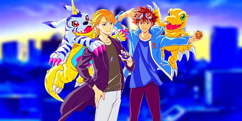 Tai, Matt, and their partners as seen in the Digimon Beyond video. Behind them, a city during dawn can be seen.